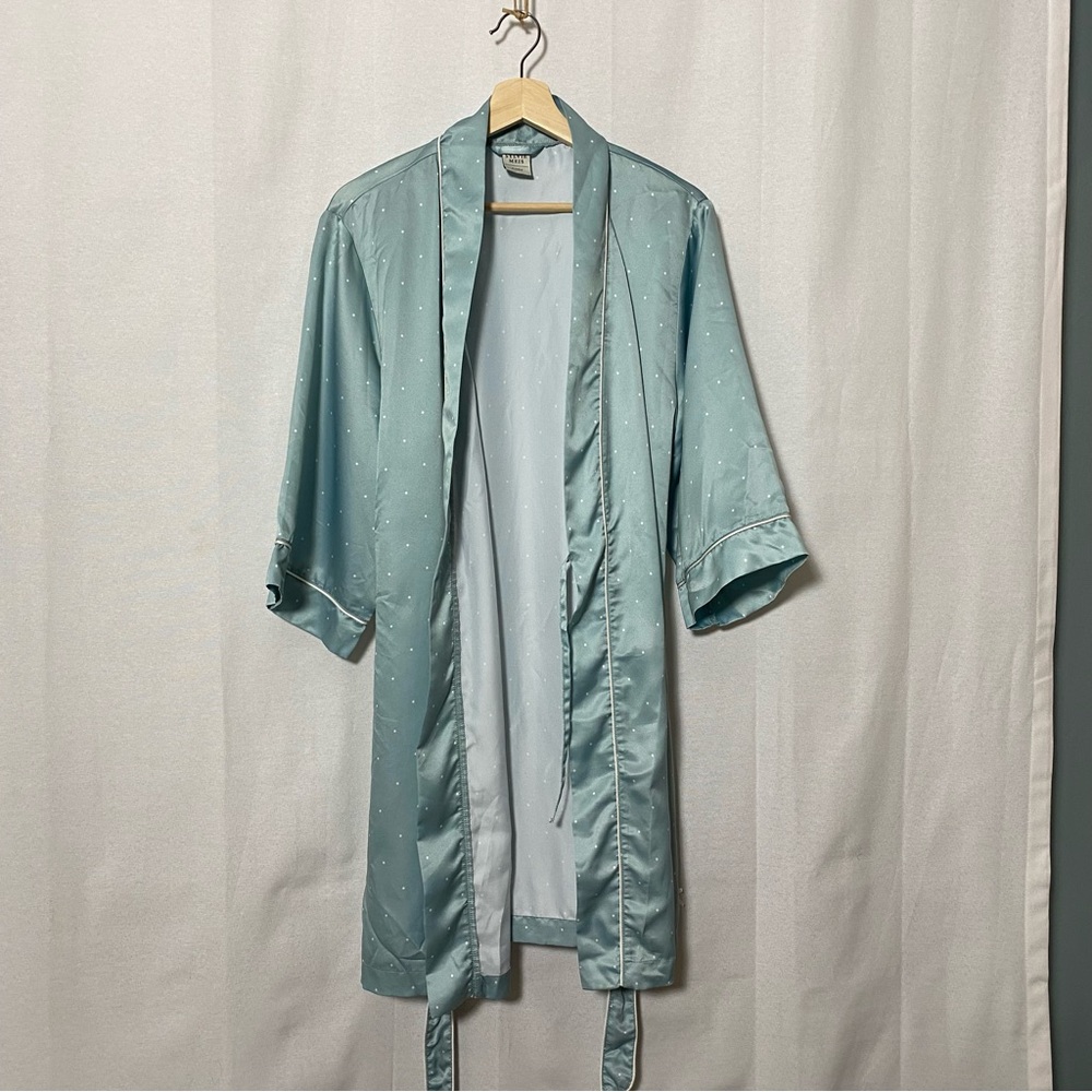 VTG Women’s elegant Satin Robe M 40/42 Blue Polka Dot 3/4 Sleeves Belted Pajama